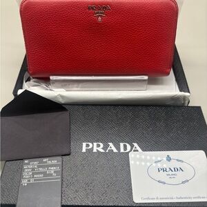 Prada Vitello Phenix Zip Around Wallet Rosso Red Leather 1ML506 Box Card